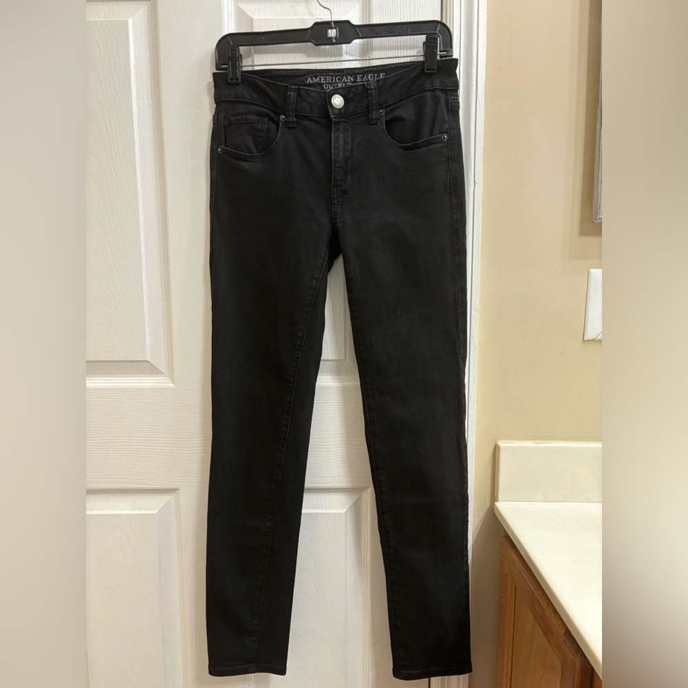 American Eagle Black Denim Super Stretch Skinny Jeans Grunge Basic Size 4 Reg
